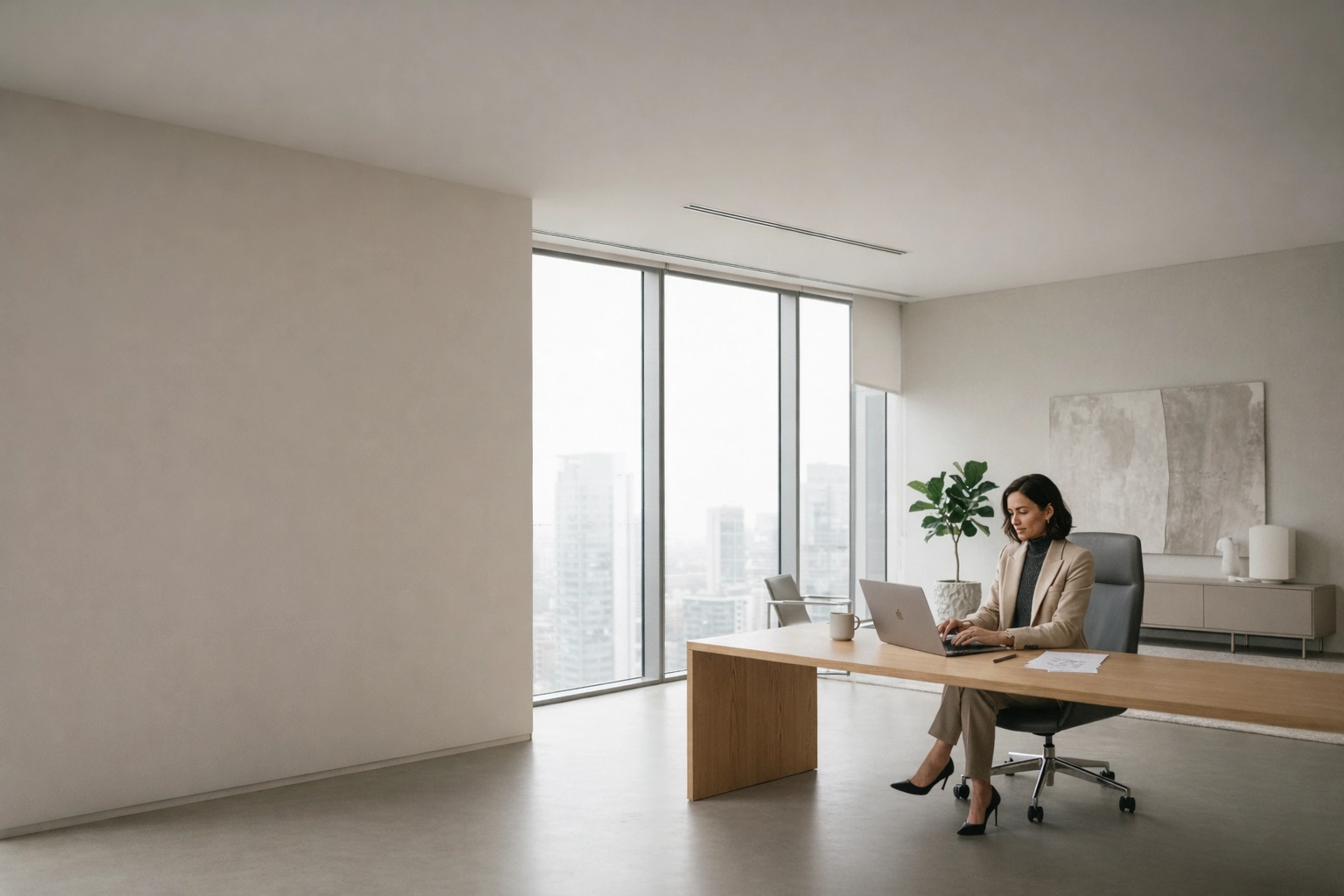 Minimal office interior with a designer working at a desk